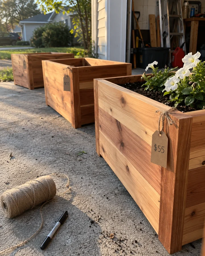Three handmade cedar planter boxes with price tags on a driveway